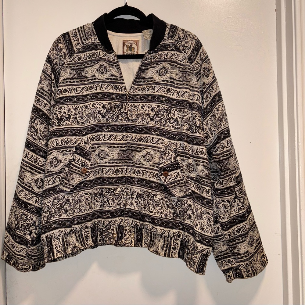 Vintage Kriss Kross Bomber Jacket – Black & Cream Baroque Print – 80s/90s